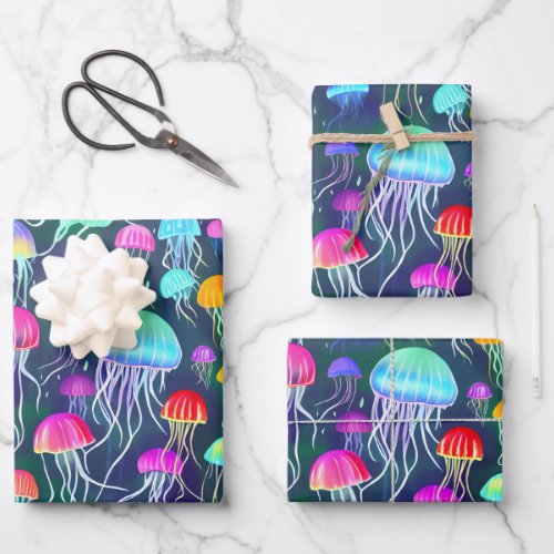 Colorful Glowing Jellyfish Wrapping Paper Sheets