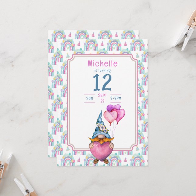 Colorful Gnome Retro Birthday Invitation (Front/Back In Situ)