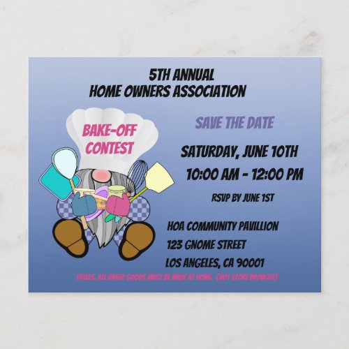 Colorful Gnome Save The Date Bake_off Contest Blue Flyer