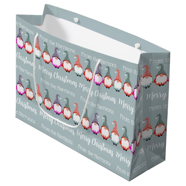 Colorful Gnomes Merry Christmas Large Gift Bag (Front Angled)
