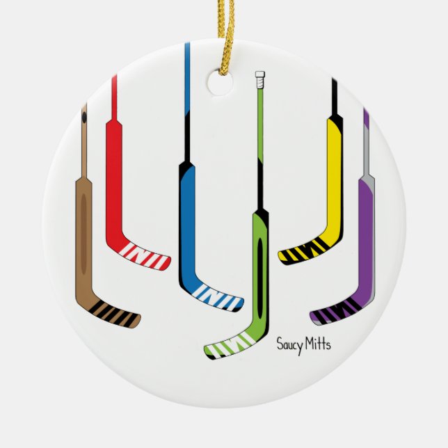 Colorful Goalie Hockey Sticks Ceramic Ornament (Front)