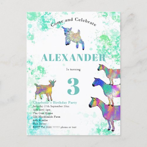 Colorful Goat 3rd Birthday Party Invitation Postcard