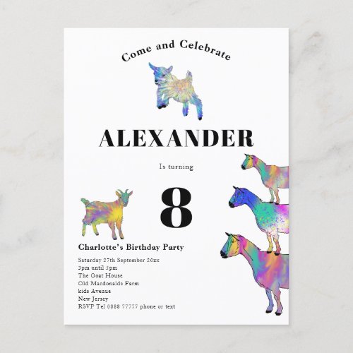 Colorful Goat 8th Birthday Party Invitation Postcard