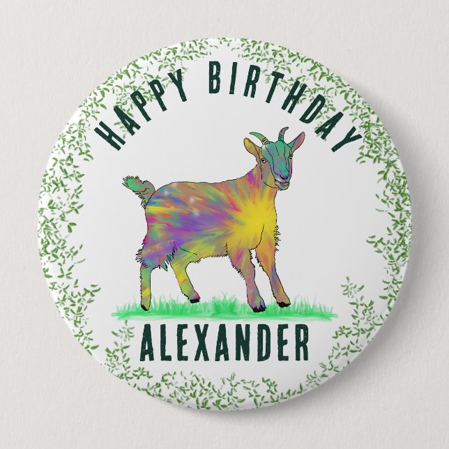 Colorful Goat Add Name Happy Birthday Button (Front)