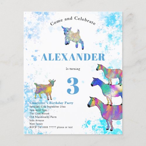 Colorful Goat Birthday Party Blue Budget Flyer