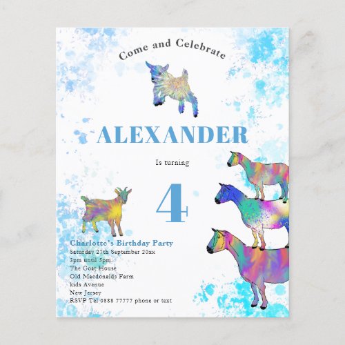 Colorful Goat Birthday Party Blue Budget Flyer