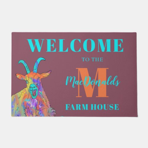 Colorful Goat Fun Personalized Family Welcome  Doormat