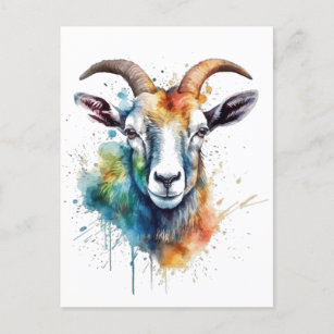 colorful goat head painted in water color postcard