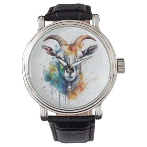 colorful goat head painted in watercolor watch