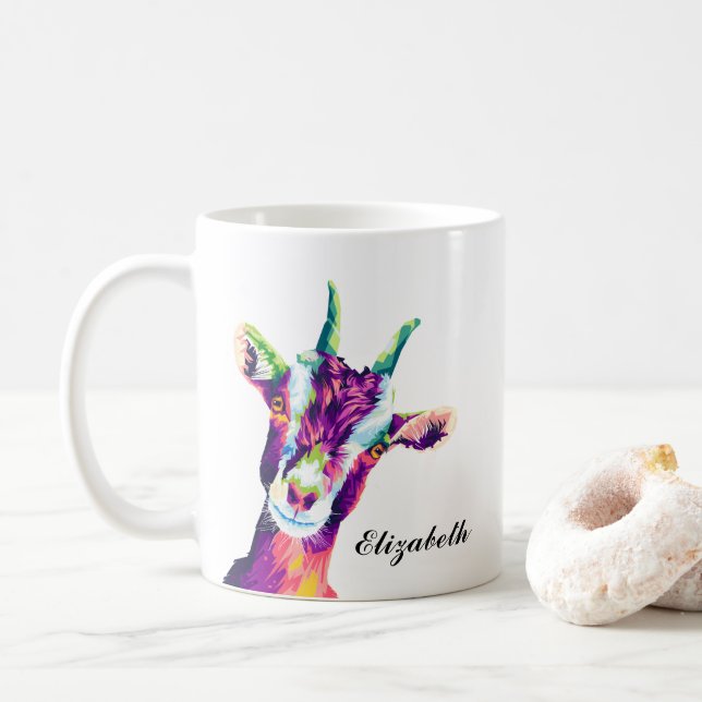 Colorful Goat Pop Art Personalized Coffee Mug (With Donut)
