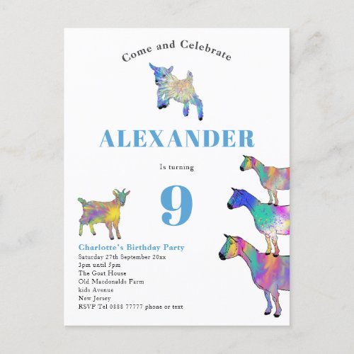 Colorful Goat Themed 9th Birthday Party Invitation Postcard