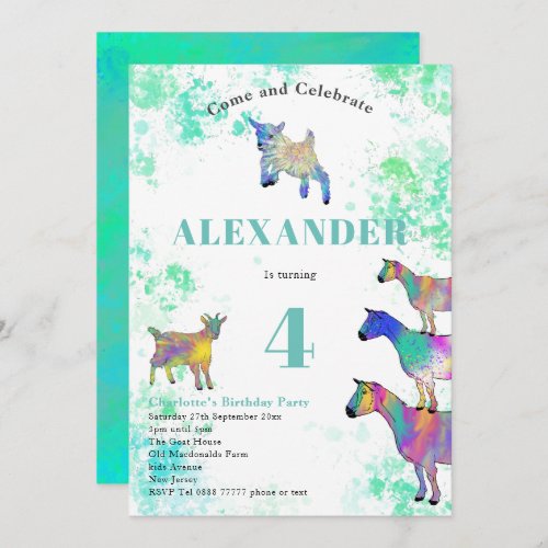 Colorful Goat Watercolor Birthday Party Invitation