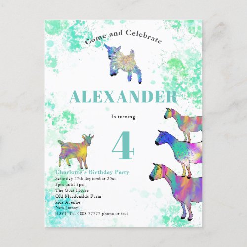Colorful Goat Watercolor Birthday Party Invitation Postcard