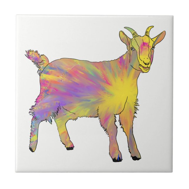 Colorful goat watercolor ceramic tile (Front)
