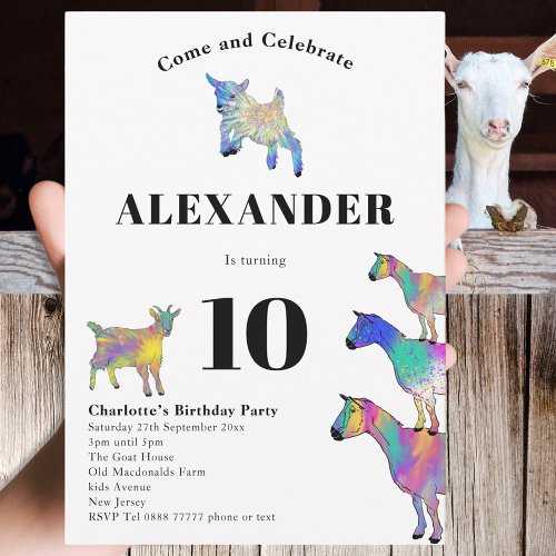 Colorful Goats 10th Birthday Party Invitation