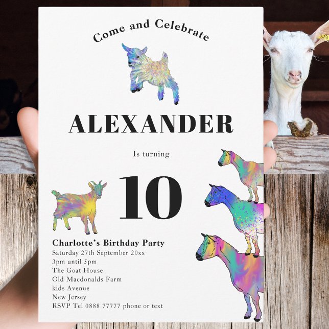 Colorful Goats 10th Birthday Party Invitation (Cute Goat themed colorful farm animal art 10th birthday party invitation )