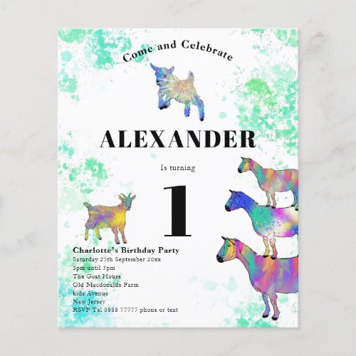 Colorful Goats 1st Birthday Party Budget Flyer