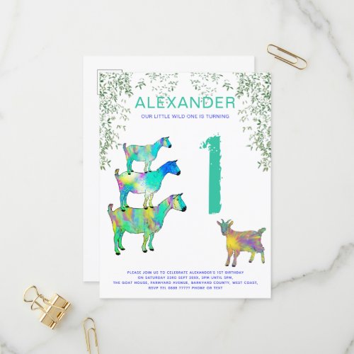 Colorful Goats 1st Birthday Party wild one Invitation Postcard