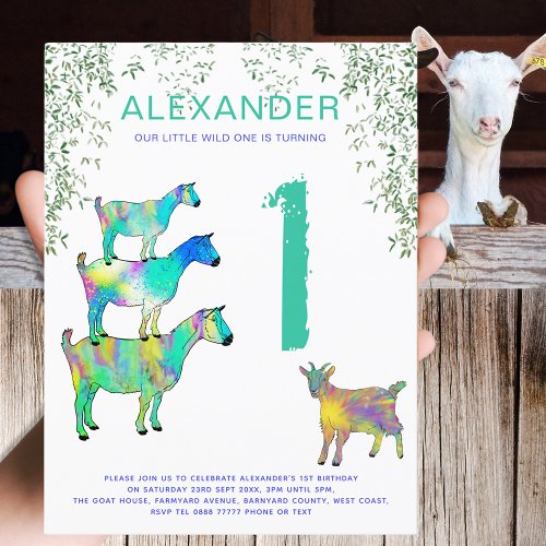 Colorful Goats 1st Birthday Party wild one Invitation Postcard