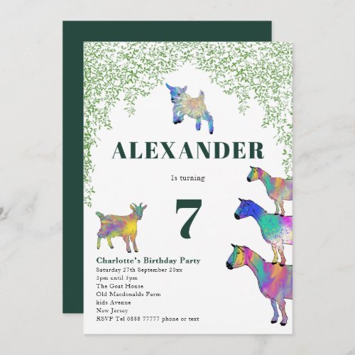 Colorful Goats and Greenery Birthday Party Invitation