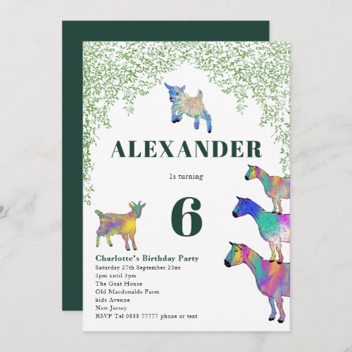 Colorful Goats and Greenery Birthday Party Invitation