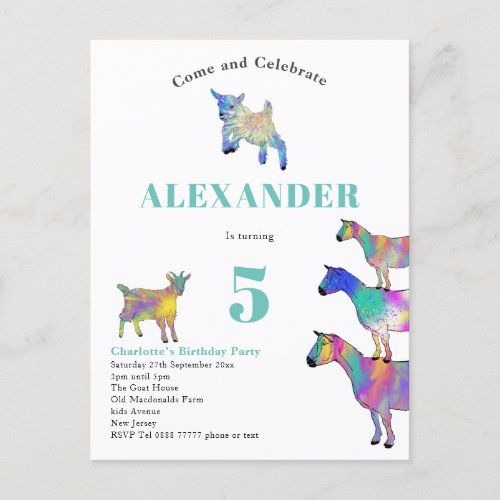 Colorful Goats Birthday Party Budget Invitation Postcard