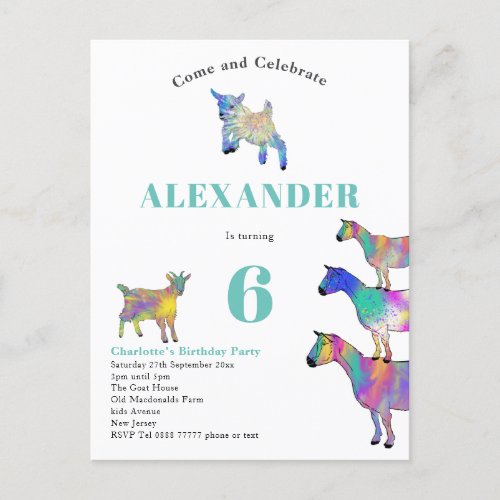 Colorful Goats Birthday Party Budget Invitation Postcard