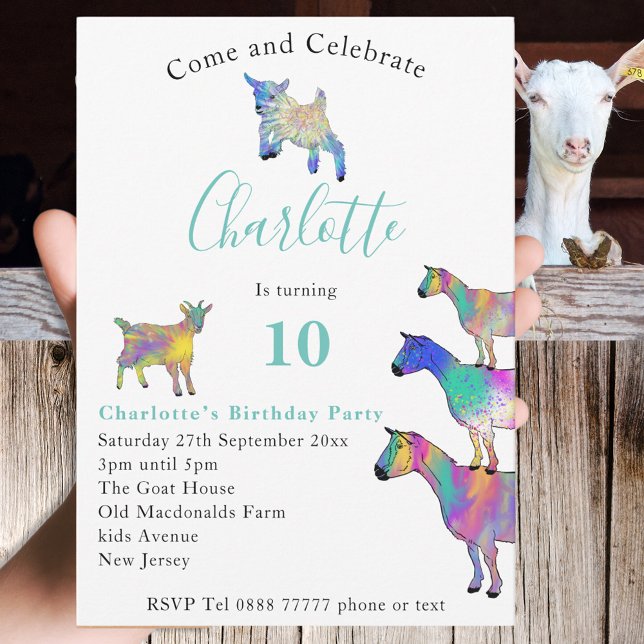 Colorful Goats Cute Animals 10th Birthday  (Cute goats farm animal themed 10th birthday party invitation with colorful animal art)