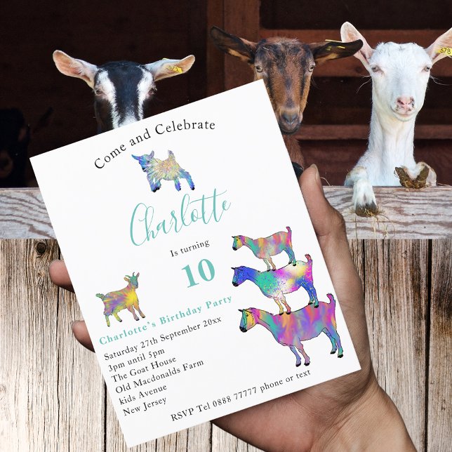 Colorful Goats Farm Animal 10th Birthday Budget (Colorful goats farm animal 10th birthday party budget invitation with watercolor animal art)