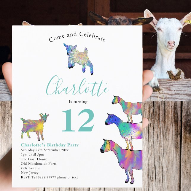 Colorful Goats Farm Animal Birthday Party (Cute goats colorful farm animal art 12th birthday party budget invitation  )