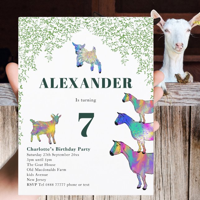 Colorful Goats Farm Animal Birthday Party Budget Invitation Postcard (Goat themed 7th birthday party budget invitation postcard colorful animal art watercolor )