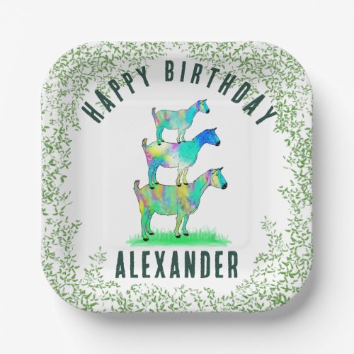 Colorful Goats Foliage Happy Birthday Name Paper Plates