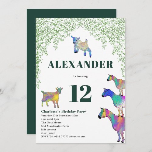 Colorful Goats Greenery 12th Birthday Party Invitation