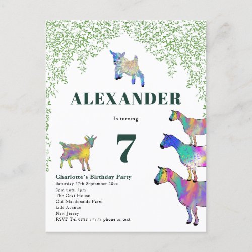 Colorful Goats Kids Birthday Party Green Invitation Postcard