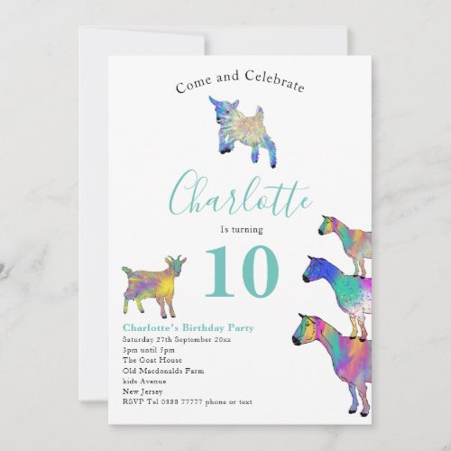 Colorful Goats Watercolor 10th Birthday Party Invitation