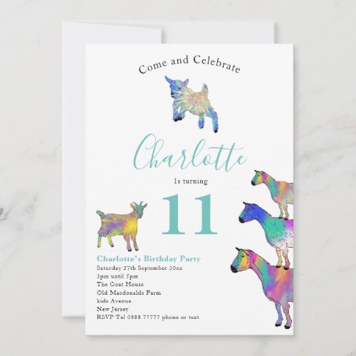 Colorful Goats Watercolor 11th Birthday Party Invitation