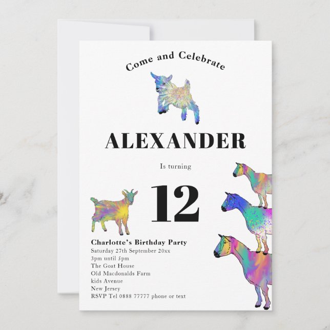 Colorful Goats Watercolor 12th Birthday Party Invitation (Front)