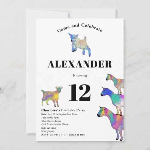 Colorful Goats Watercolor 12th Birthday Party Invitation
