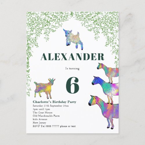 Colorful Goats Watercolor Greenery Birthday Party Invitation Postcard