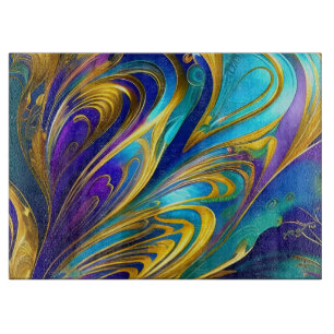 Colorful Gold Abstract Blue Purple Ribbons Cutting Board