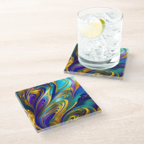 Colorful Gold Abstract Blue Purple Ribbons Glass Coaster