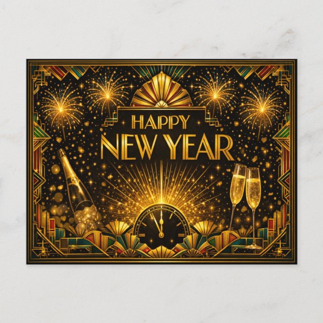Colorful Gold Art Deco Happy New Year Holiday Postcard (Front)