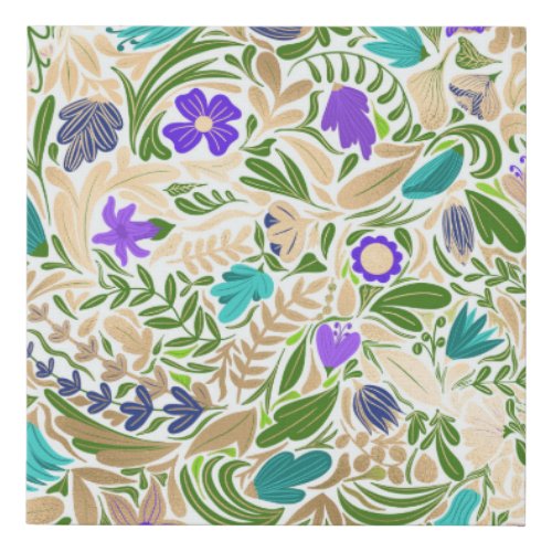 Colorful Gold Floral Leaf Illustration Pattern Faux Canvas Print