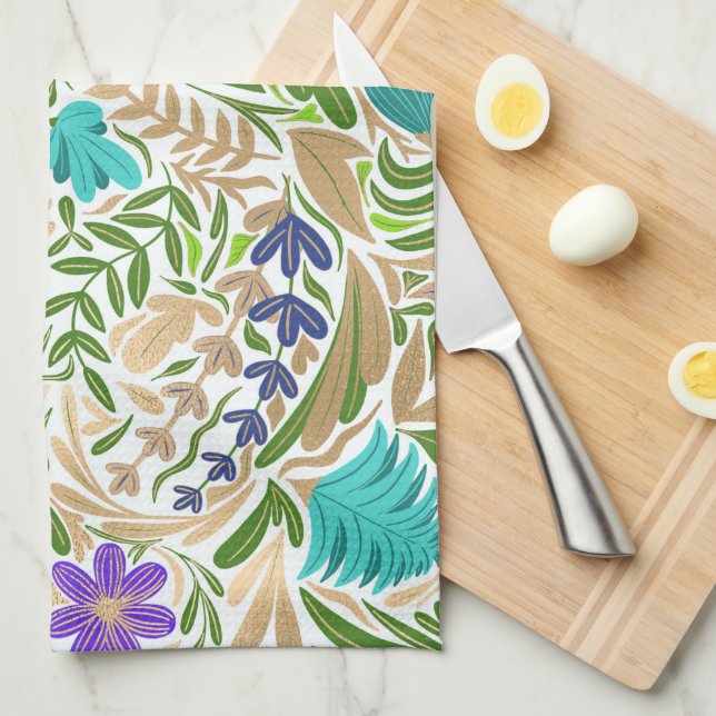 Colorful Gold Floral Leaf Illustration Pattern Kitchen Towel (Quarter Fold)