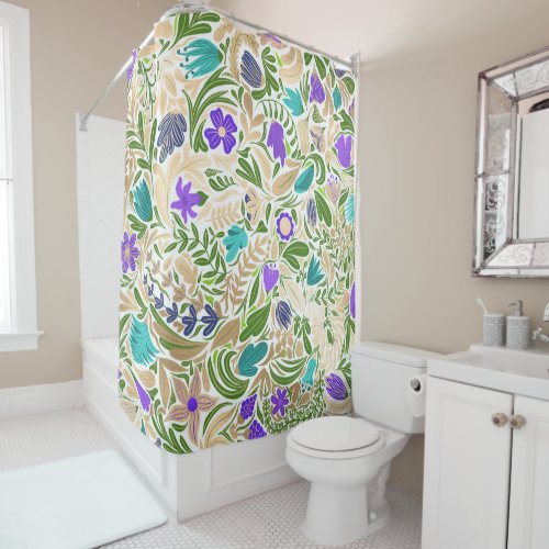 Colorful Gold Floral Leaf Illustration Pattern Shower Curtain