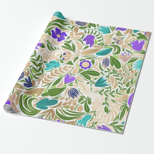 Colorful Gold Floral Leaf Illustration Pattern Wrapping Paper