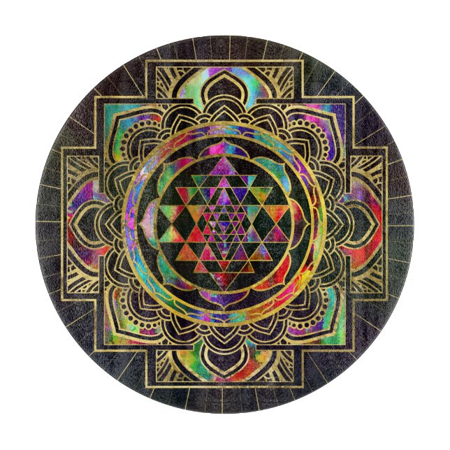 Colorful Gold framed Sri Yantra Sri Chakra Cutting Board (Front)