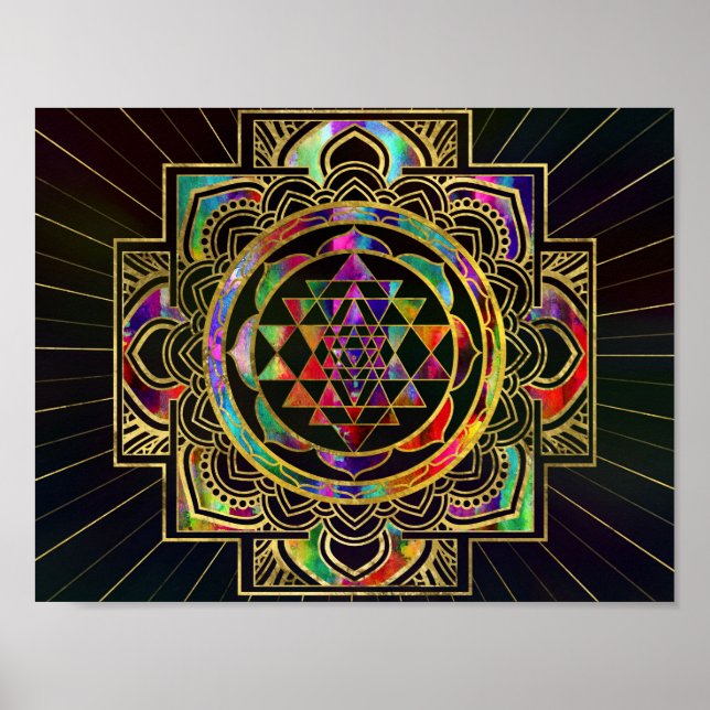 Colorful Gold framed Sri Yantra Sri Chakra Poster (Front)