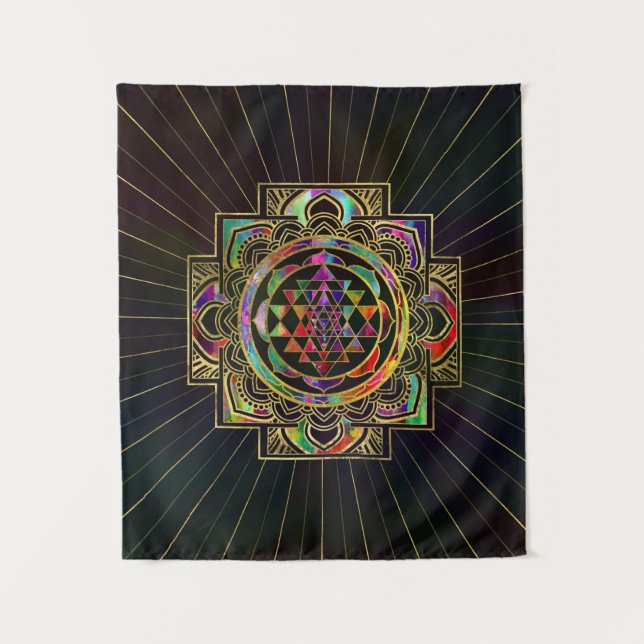 Colorful Gold framed Sri Yantra Sri Chakra Tapestry (Front)