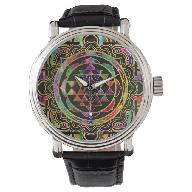 Colorful Gold framed Sri Yantra Sri Chakra Watch (Front)